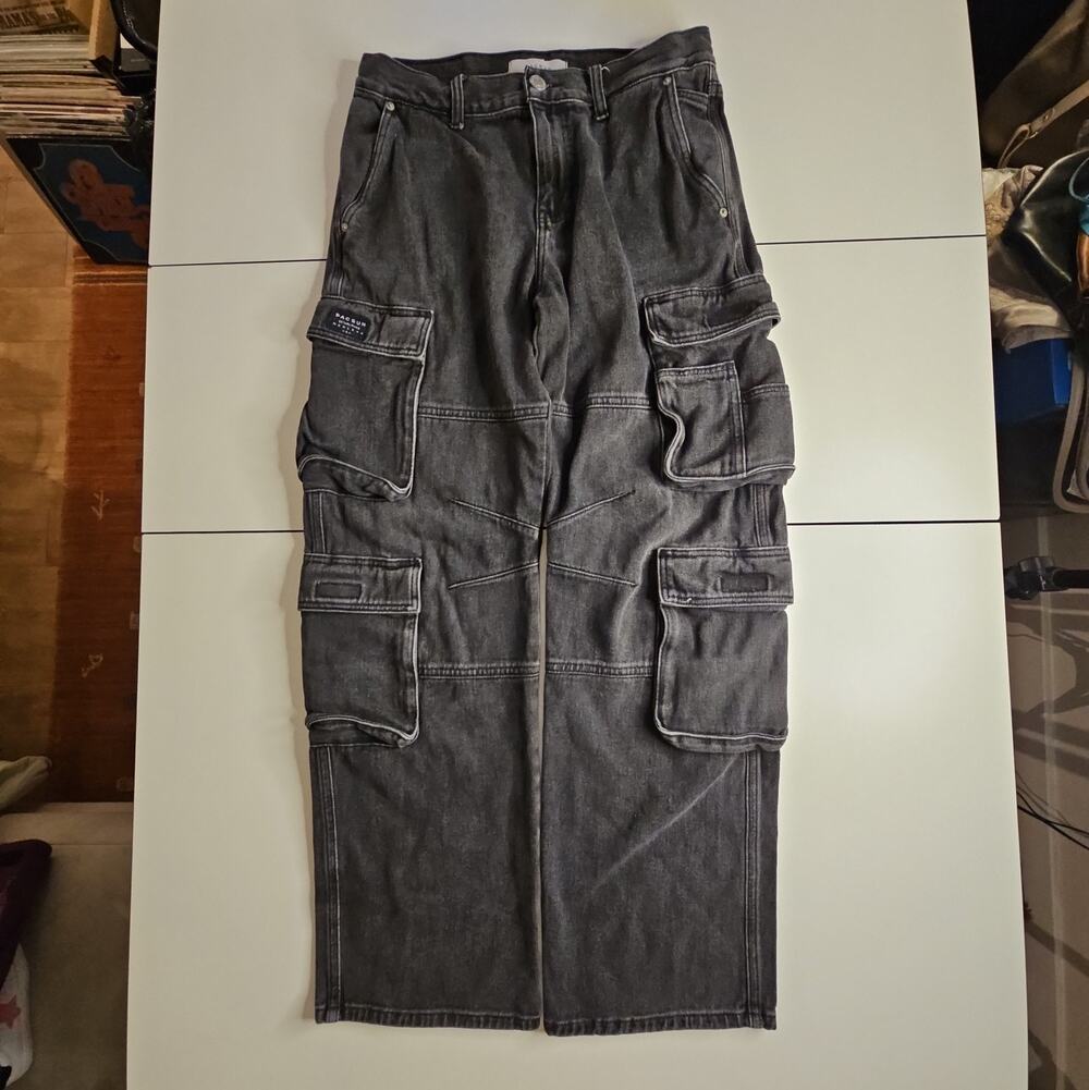 PacSun Mens Baggy Cargo Jeans 30x32 Washed Black Multi Pocket Wide Leg Y2K